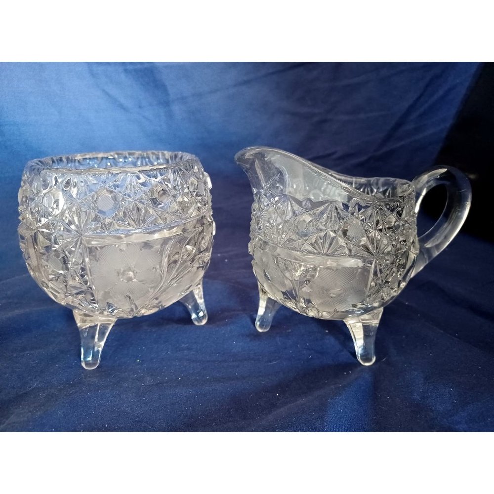 Footed Sugar Creamer Set Vtg Cut Bohemia Czech Crystal Pinwheel Star Design 24 p